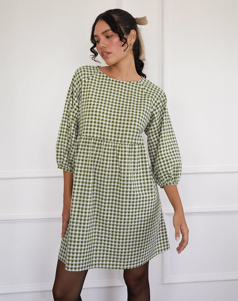 Grace Smock-Minikleid aus olivem Gingham