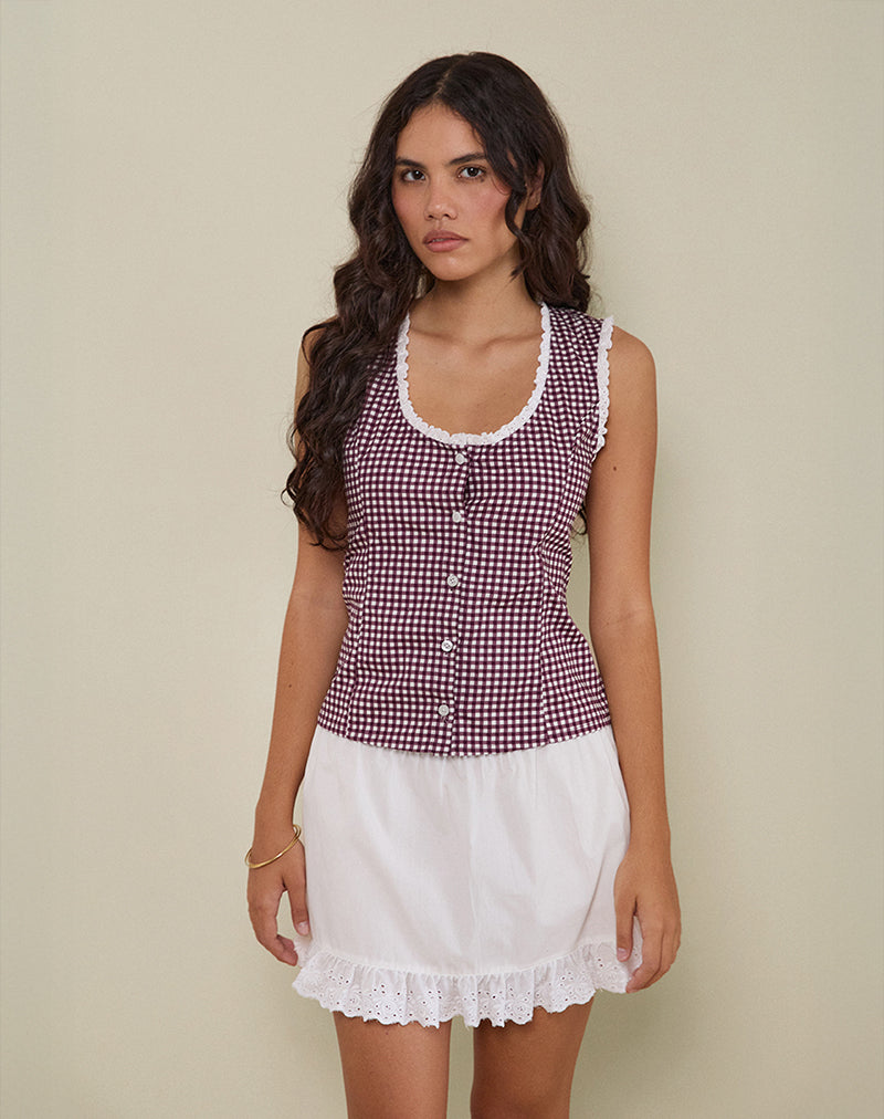 Gronita Bluse in Mini Gingham Wein mit weißer Spitze