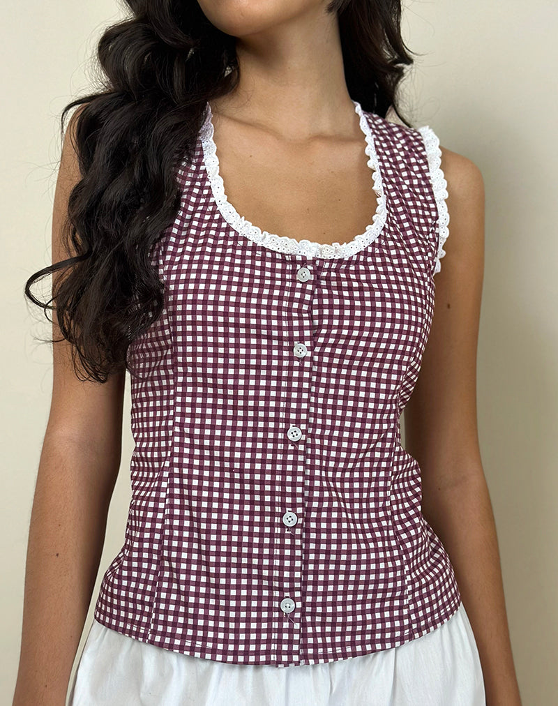 Image of Gronita Bluse in Mini Gingham Wein mit weißer Spitze