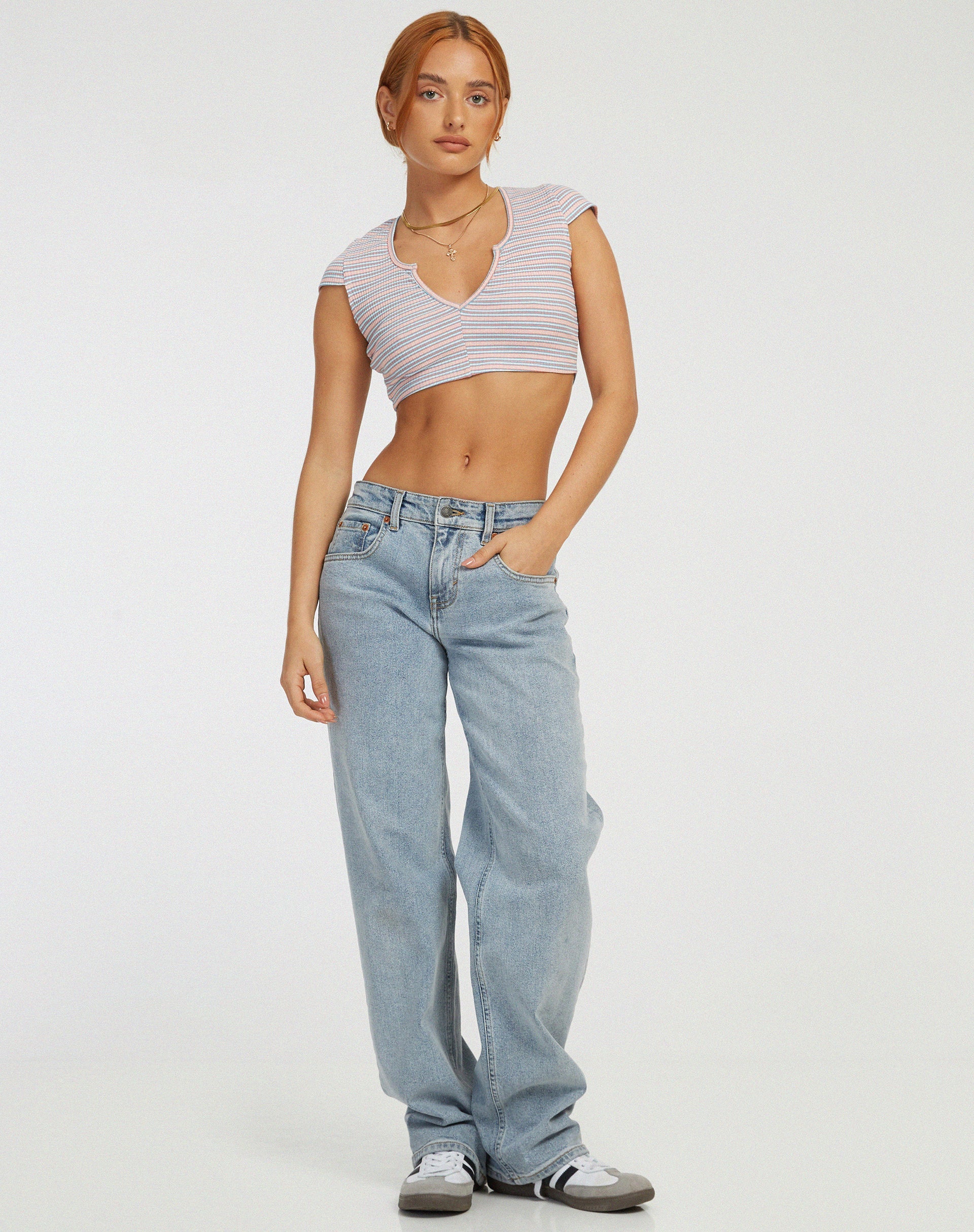 Bild von Guanna Crop Top in Stripe Rib Blau und Pfirsich
