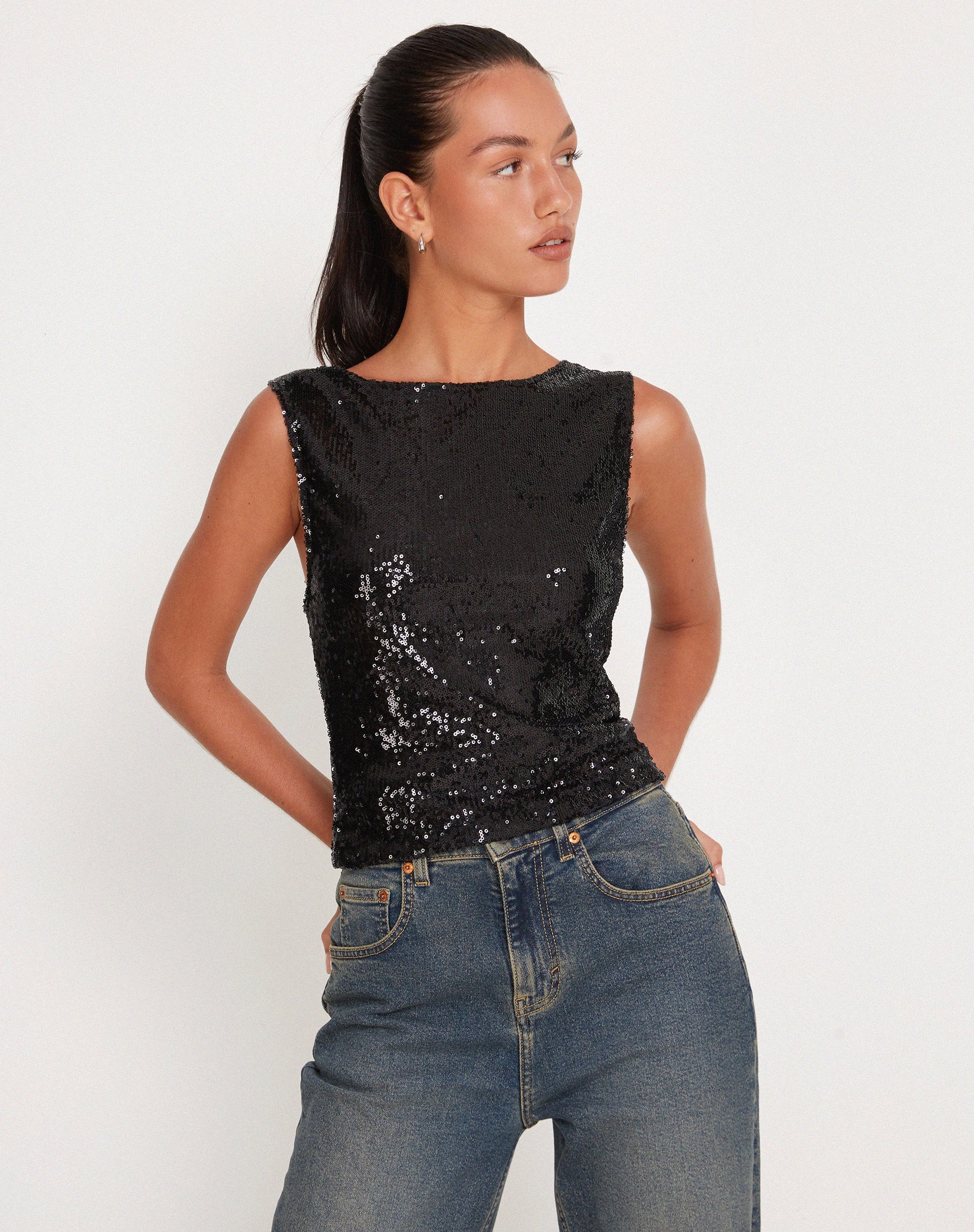 Bild von Hala Crop Vest Top in Schwarz Pailletten