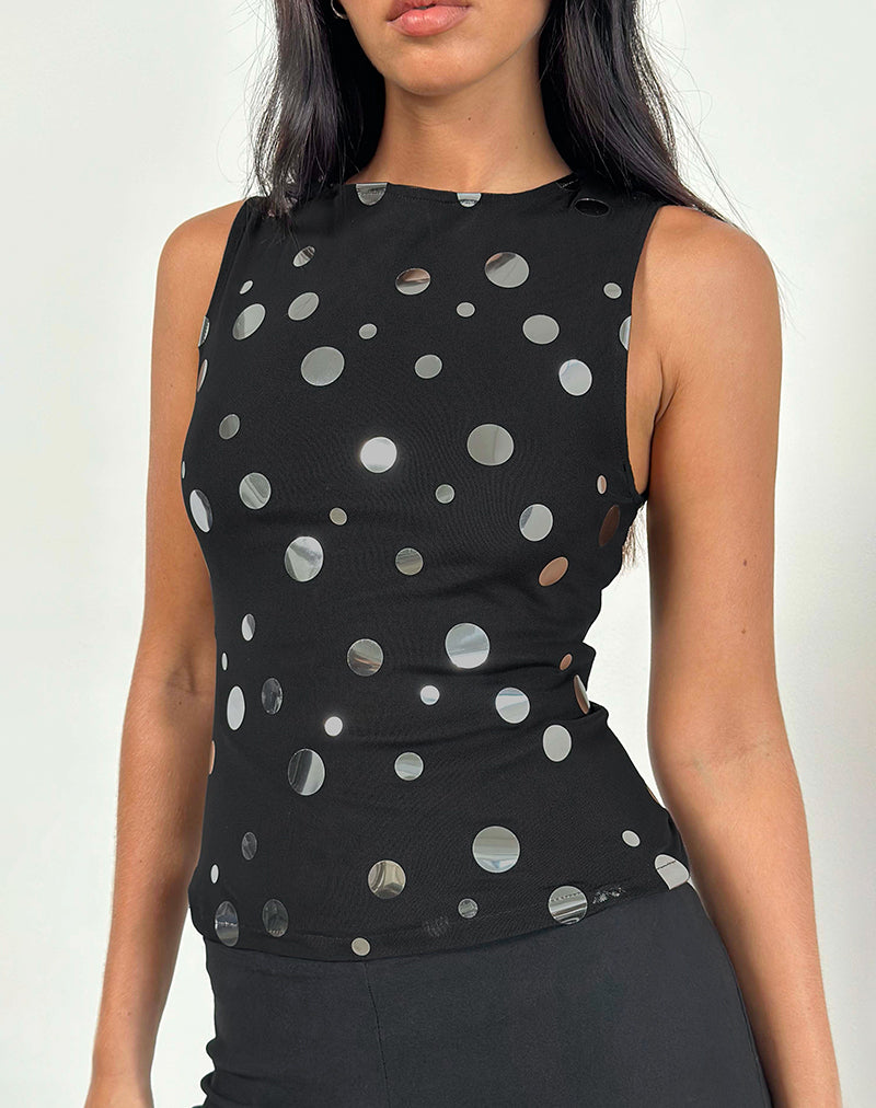 Image of Hala Top in Schwarz mit silberner Polka-Dot-Folie