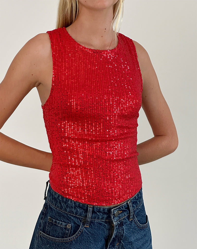 Hala Vest Top in Rot Drapierung Mini Pailletten