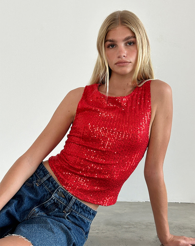 Hala Vest Top in Rot Drapierung Mini Pailletten