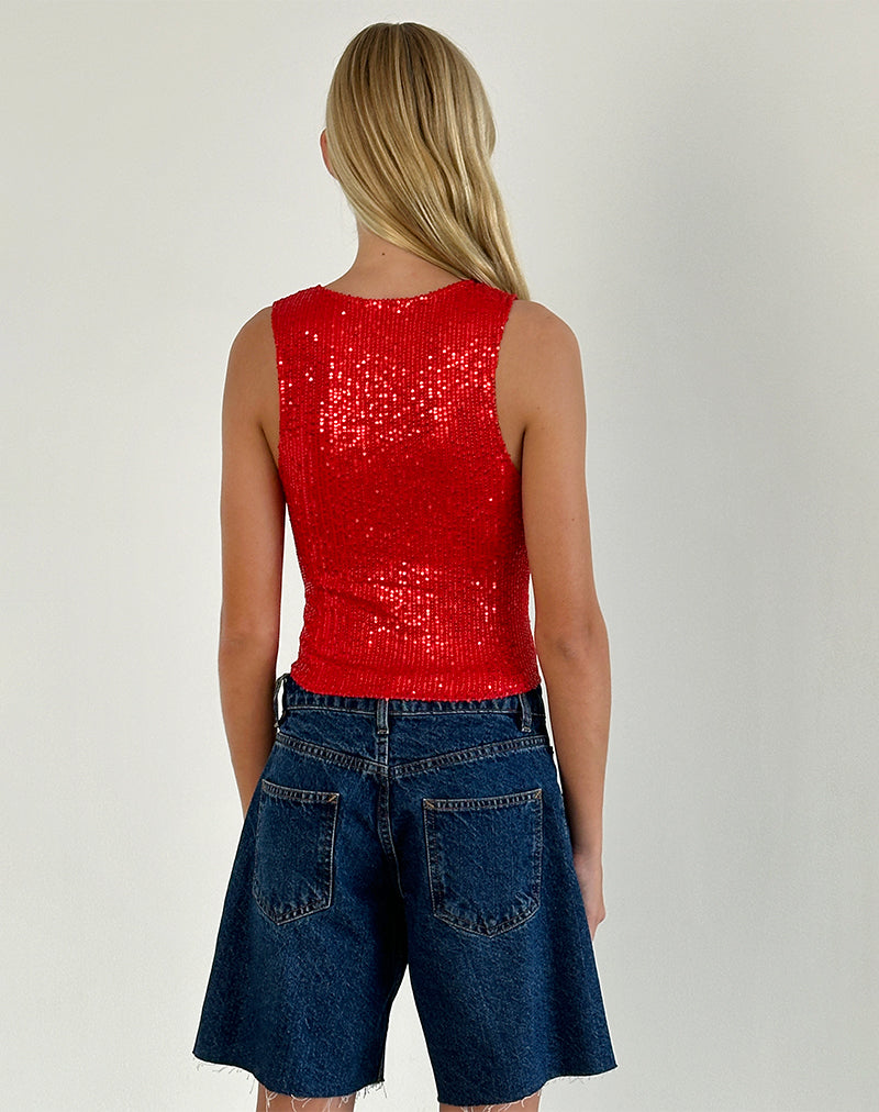 Bild von Hala Vest Top in Rot Drape Mini Pailletten