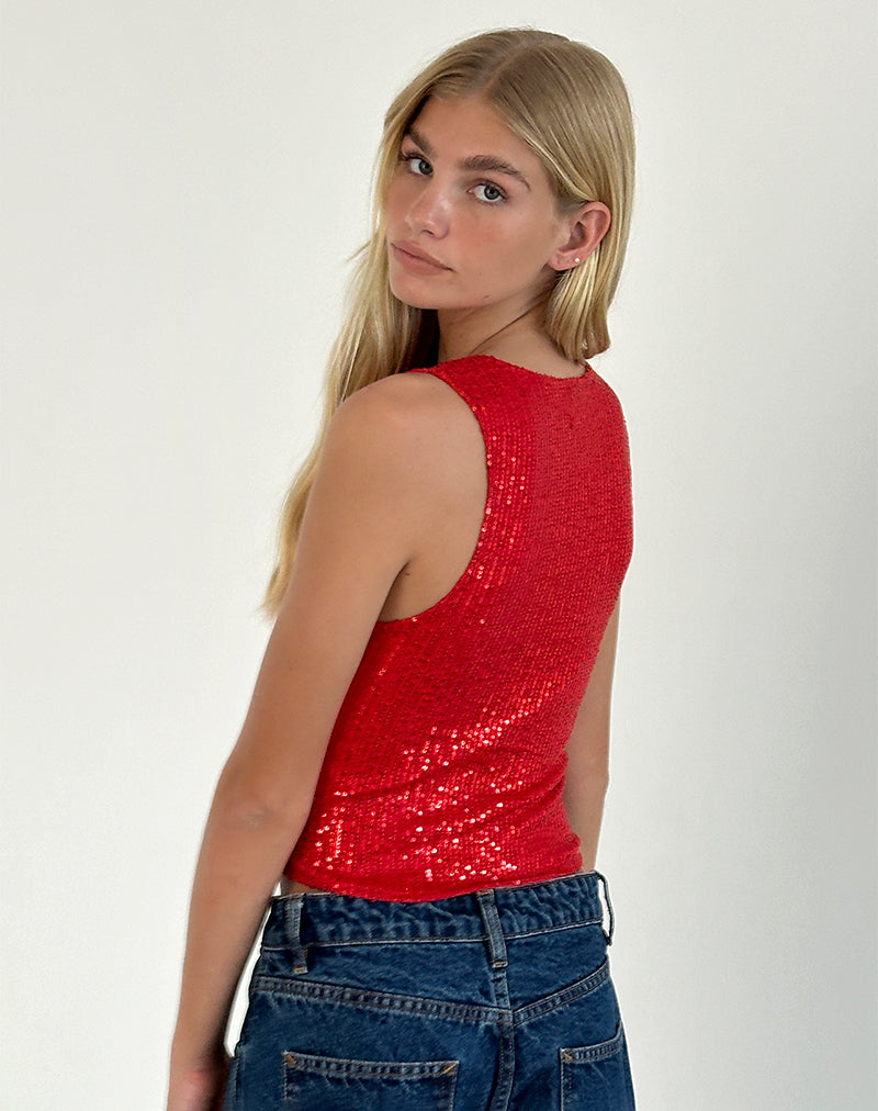 Bild von Hala Vest Top in Rot Drape Mini Pailletten