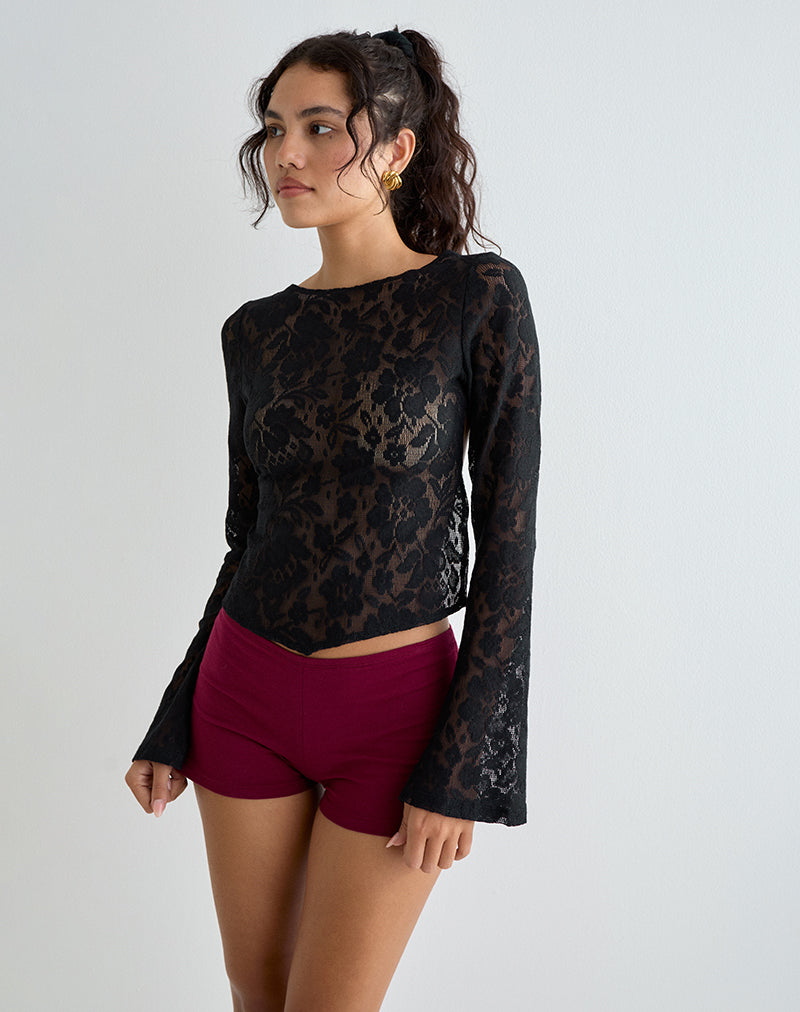 Image of Halfi Langarm-Top aus Hibiskus-Häkelspitze Schwarz