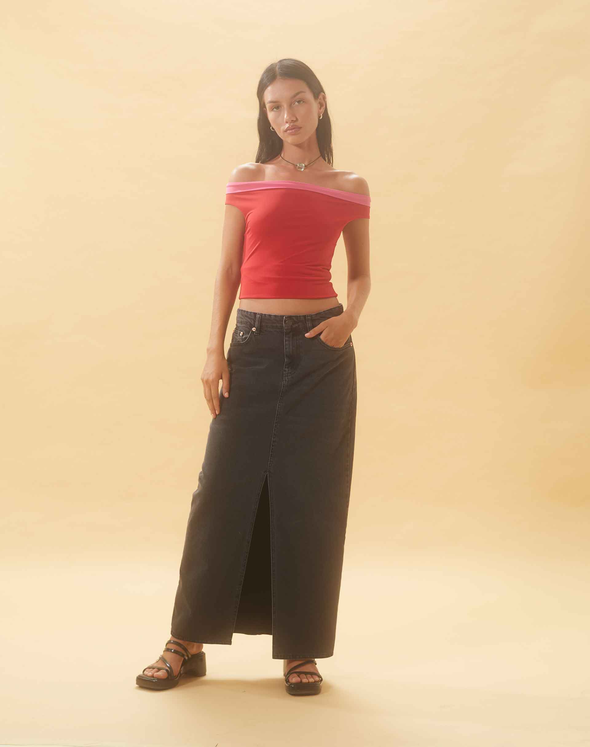 Bild von Low Rise Denim Maxirock in Vintage Schwarz