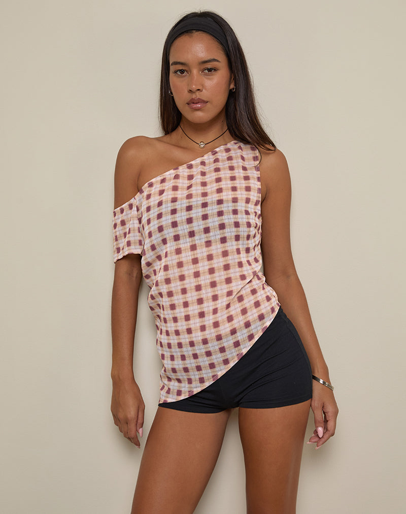 Hea Top aus Chiffon mit verschwommenem Karo Pfirsich