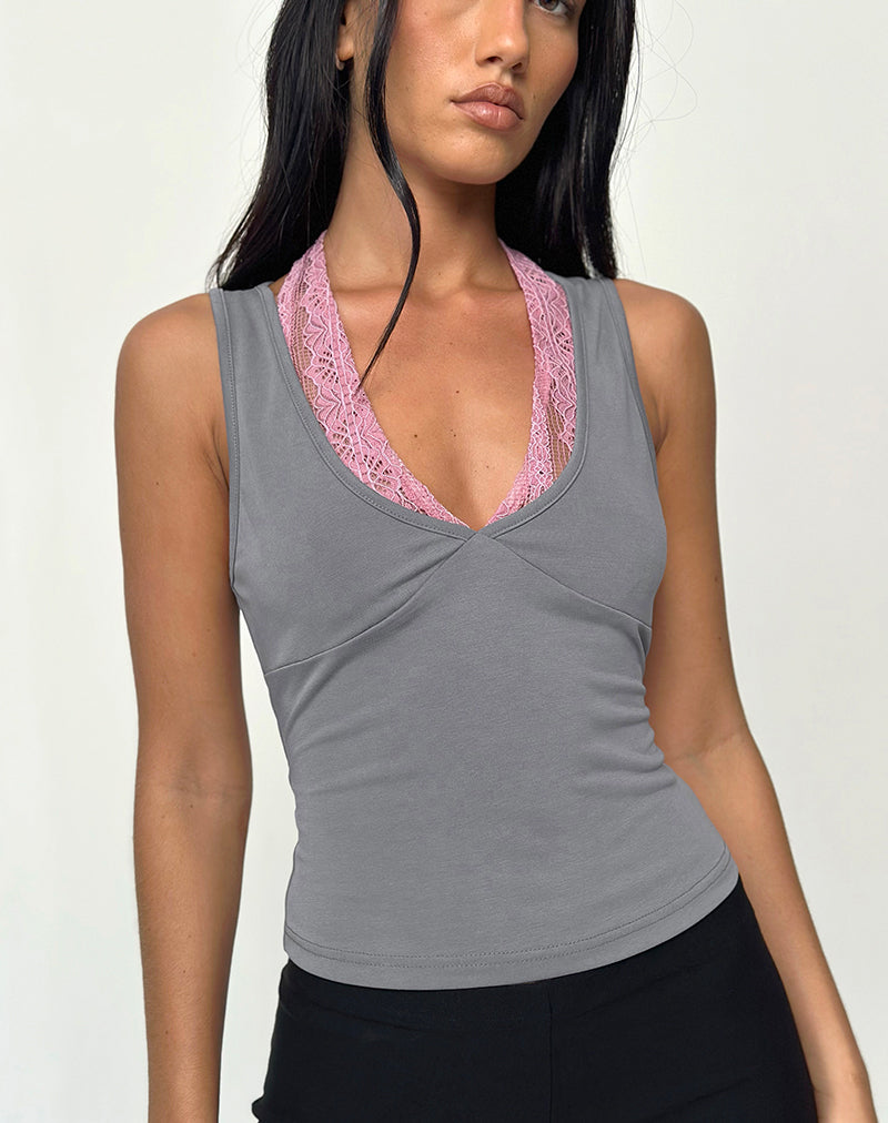 Helma Neckholder-Top in Grau mit rosa Spitze