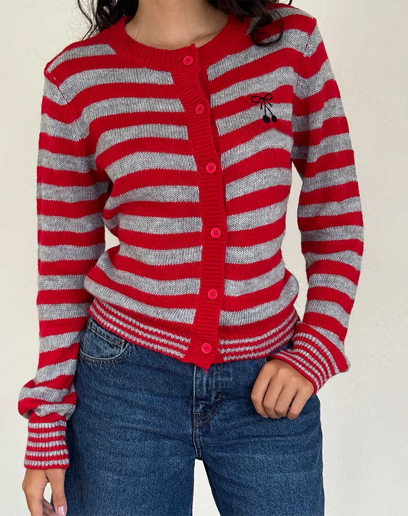 Henidar Strickjacke in Rot und Grau gestreift mit Kirschen-Emblem