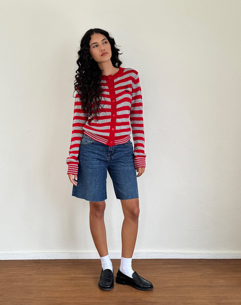 Image of Henidar Strickjacke in Rot und Grau gestreift mit Kirschen-Emblem