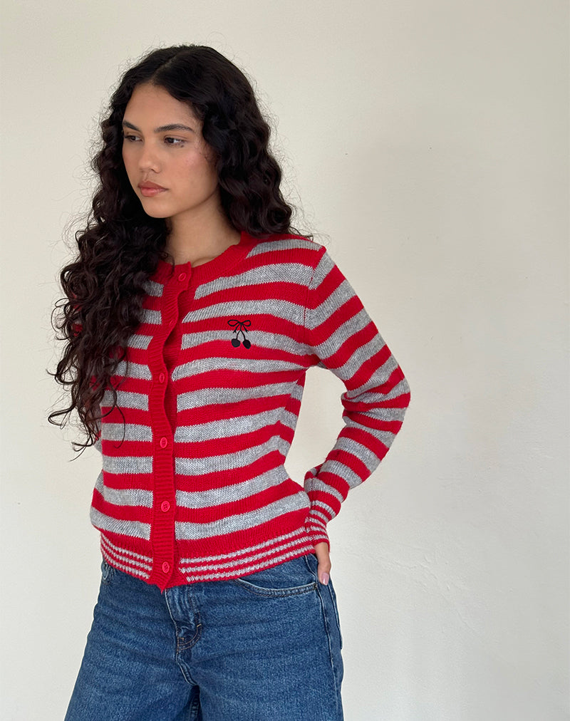 Image of Henidar Strickjacke in Rot und Grau gestreift mit Kirschen-Emblem