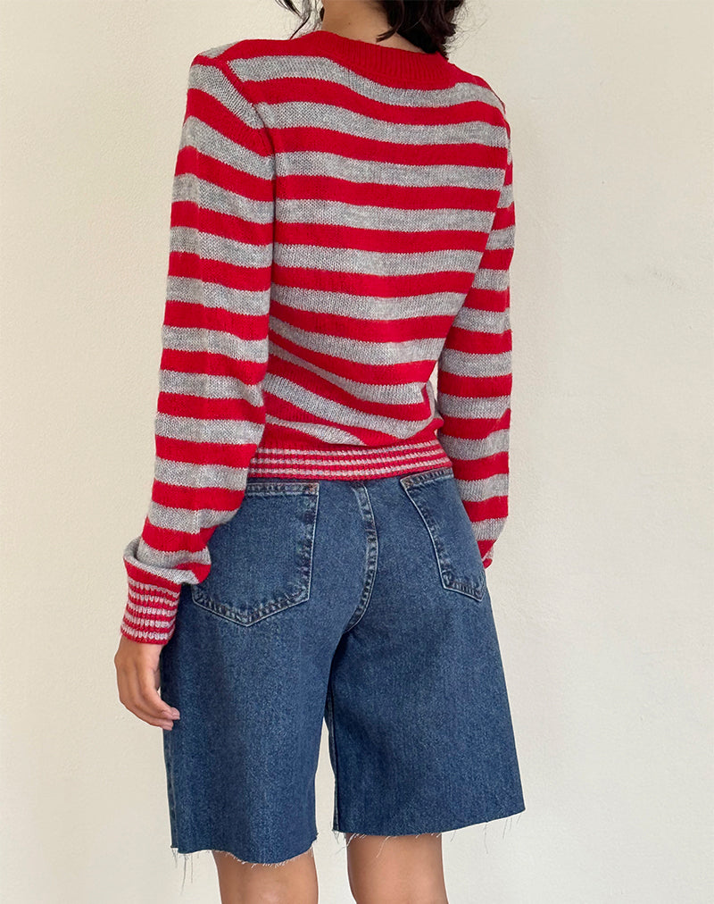 Image of Henidar Strickjacke in Rot und Grau gestreift mit Kirschen-Emblem