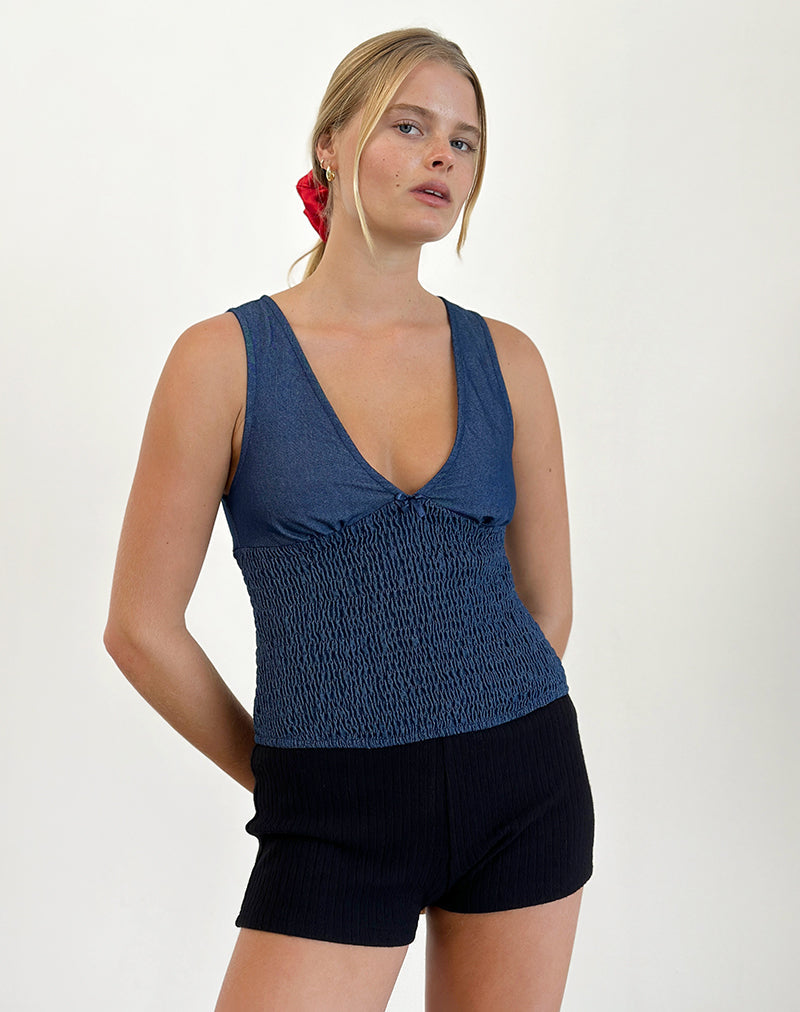 Hevalis Gerafftes Oberteil in Indigo Denim Chambray