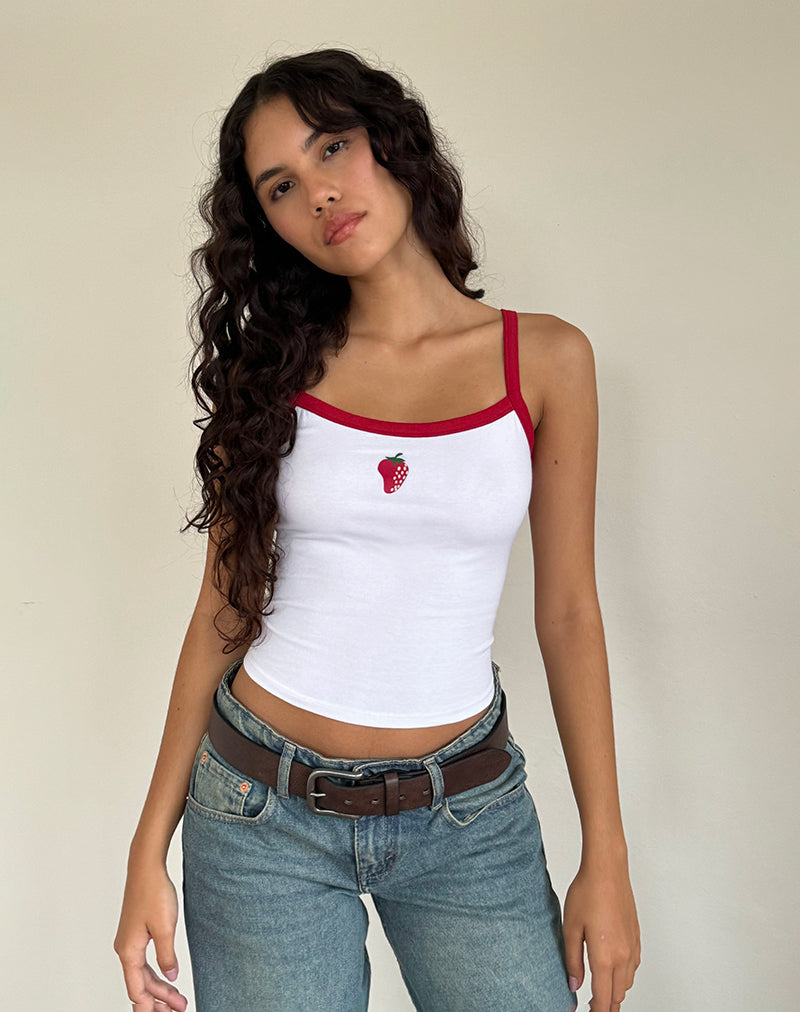Image of Icah Vest Top in Weiß mit rotem Einband und Erdbeere