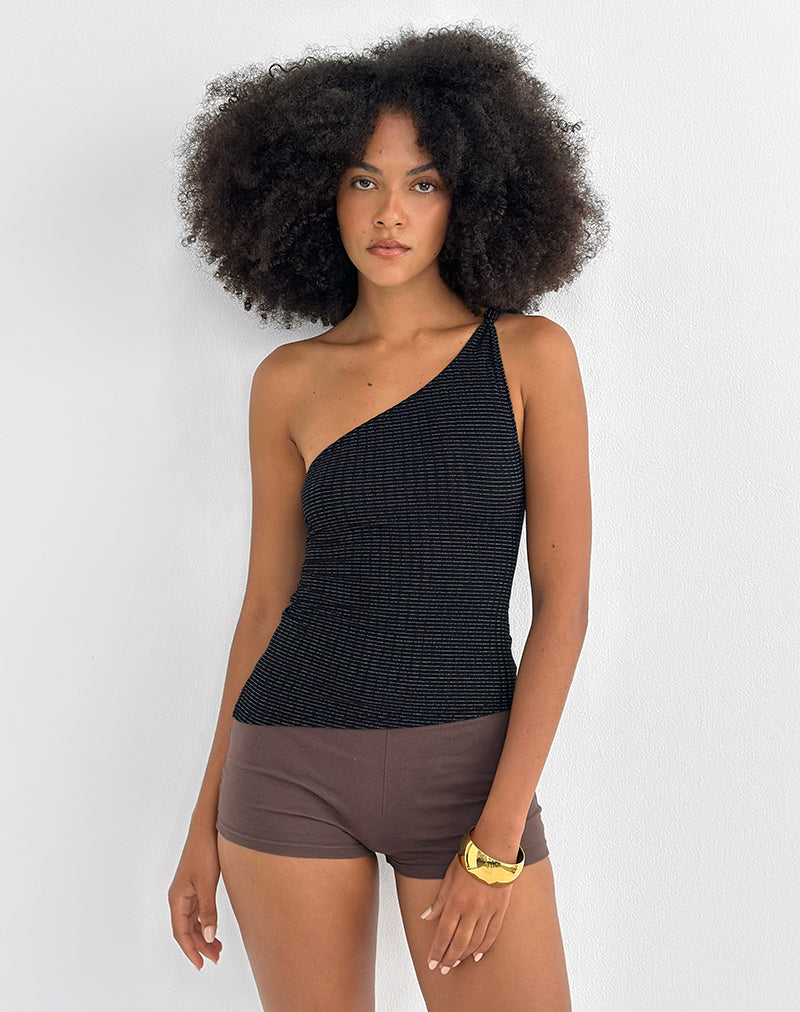 Idari One Shoulder Top aus metallisch gestreiftem Jersey Schwarz