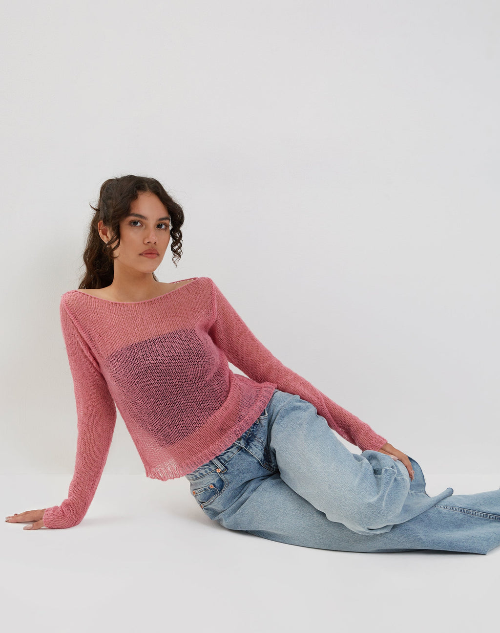 Imelda Fine Open Knit Langarm-Top in Rosa