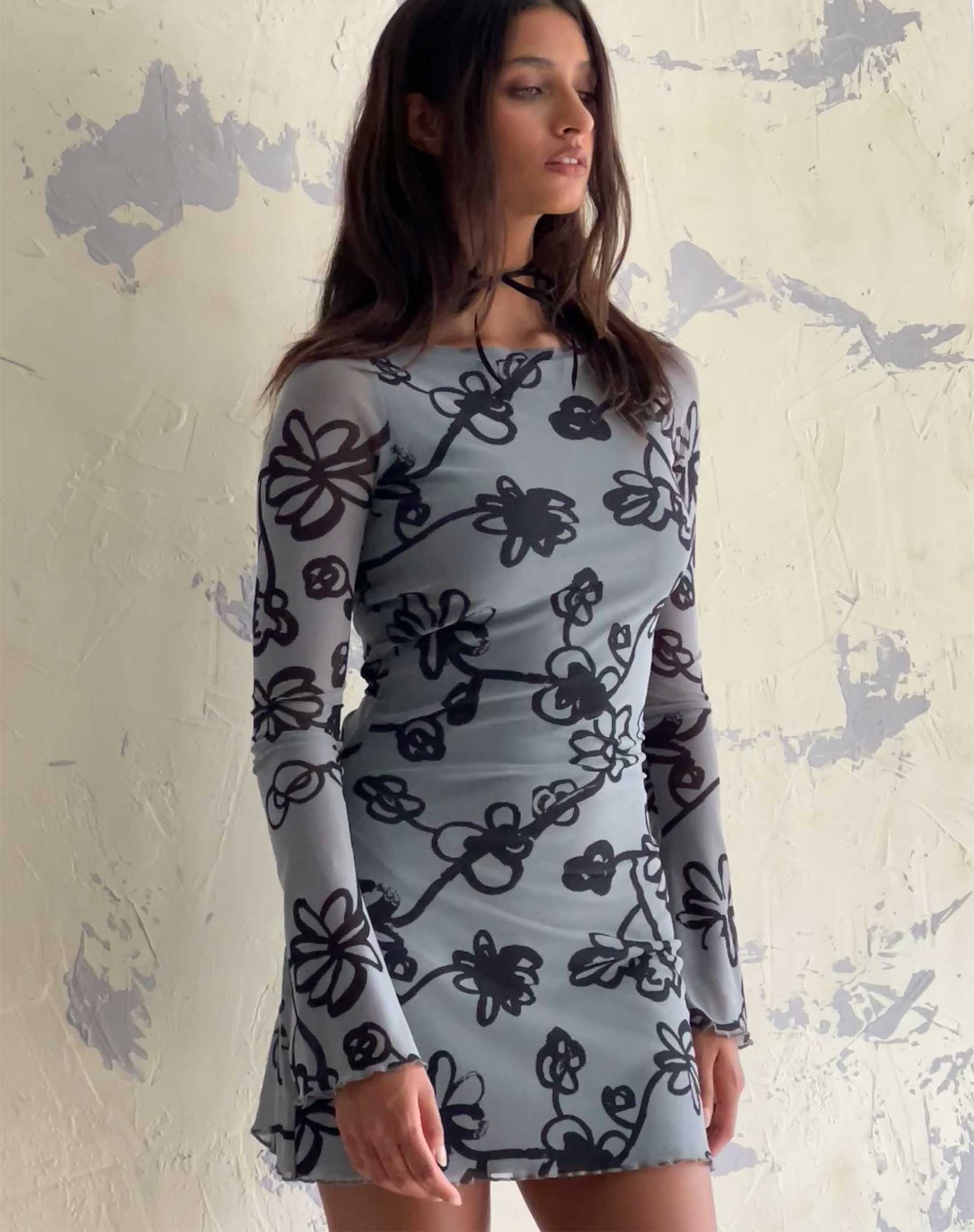 Image of Sevila Minikleid aus Mesh Doodle Flower Grau