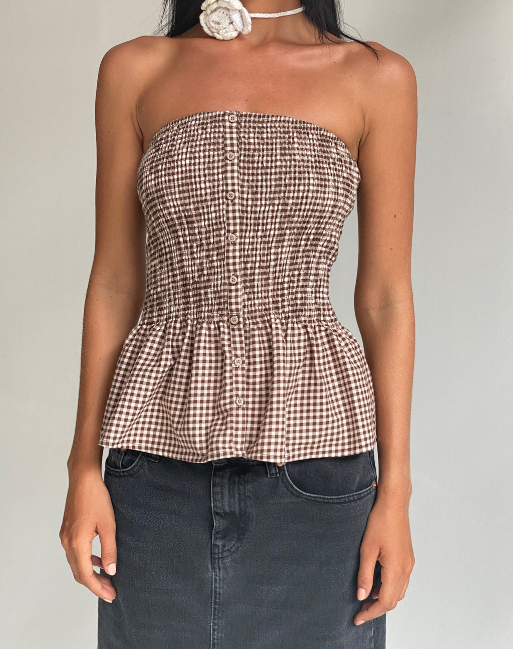 Soter Gerafftes Bandeau-Top aus Mini-Gingham