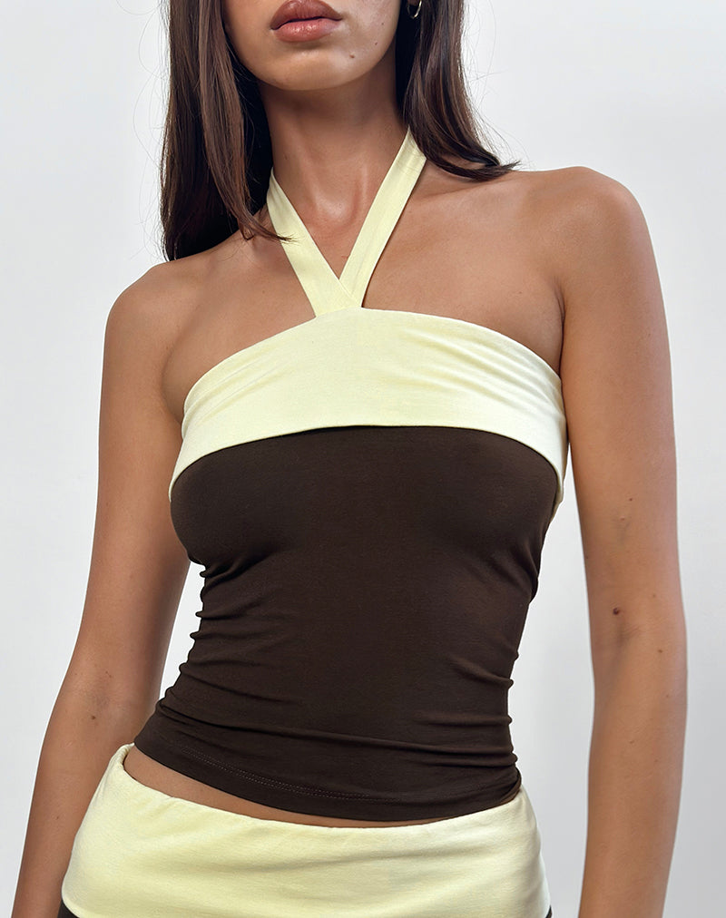 Image of Inrida Neckholder-Top in Schokoladenbraun und Zitrone