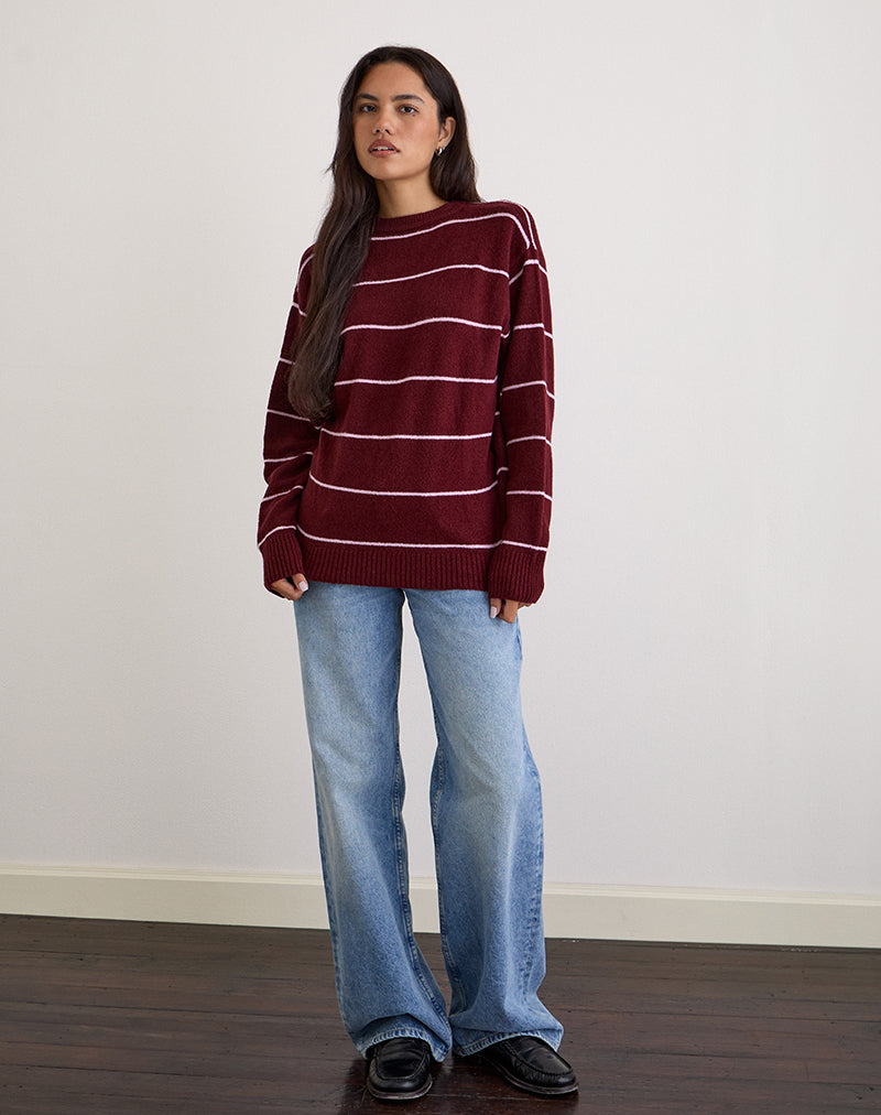 Image of Ishari Strickpullover in Burgund mit rosa Streifen