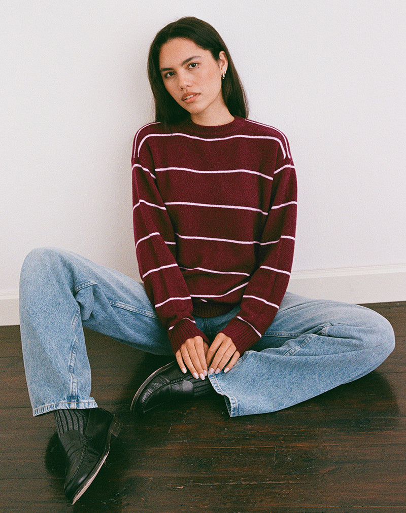 Image of Ishari Strickpullover in Burgund mit rosa Streifen