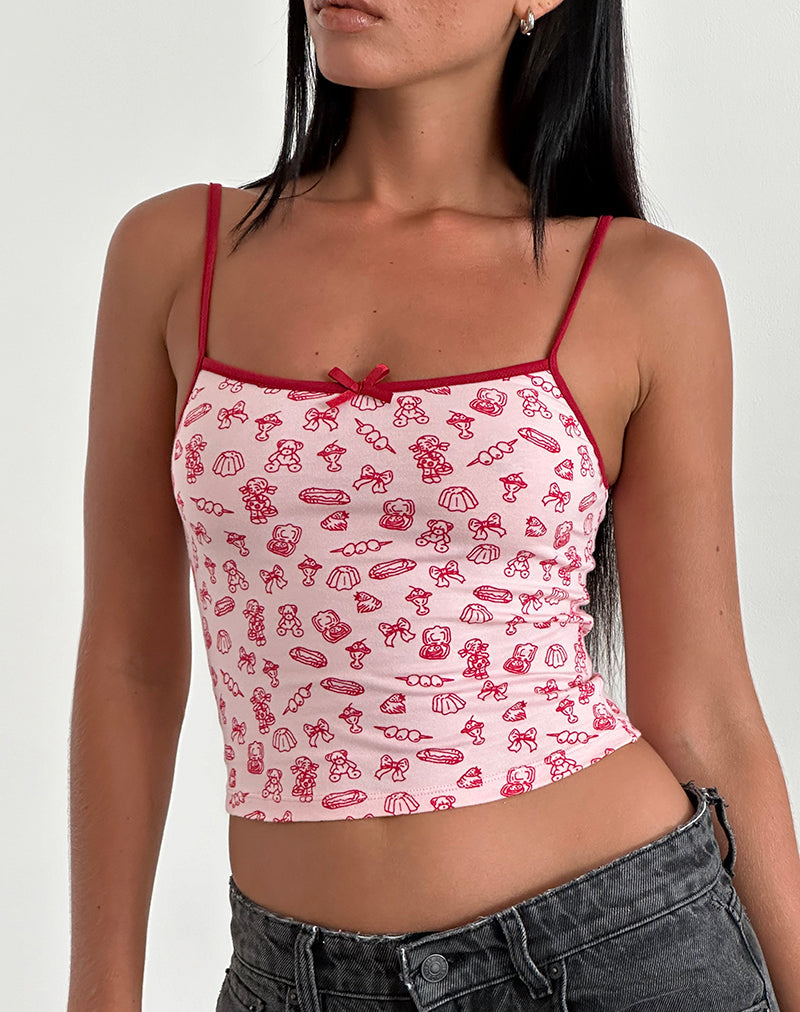 Isna Cami Top mit Girlie-Print und roter Bindung
