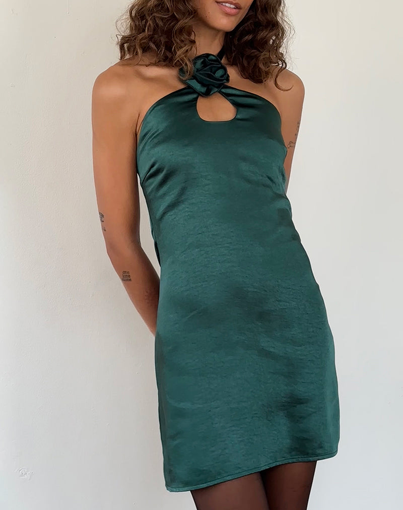 Image of Isolda Satin Minikleid mit Neckholder in Waldgrün mit Rosette