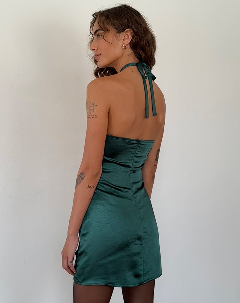 Image of Isolda Satin Minikleid mit Neckholder in Waldgrün mit Rosette