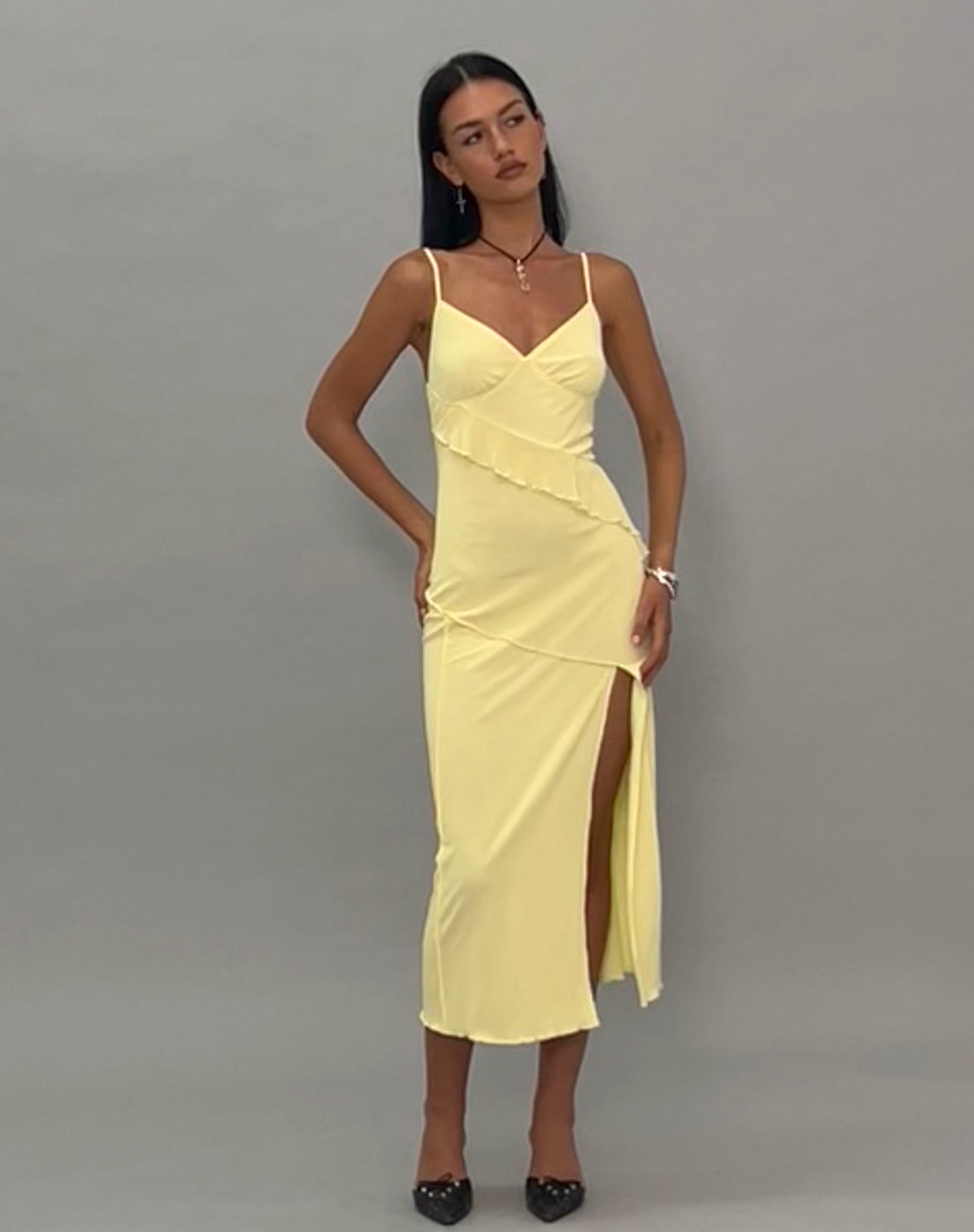 Image of Jacy gerafftes Midikleid aus Netzstoff Lemon