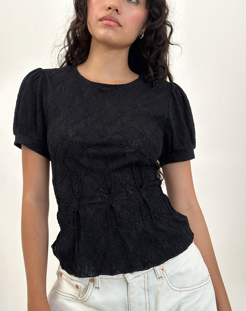 Jaina Top mit Puffärmeln aus strukturiertem Schwarz