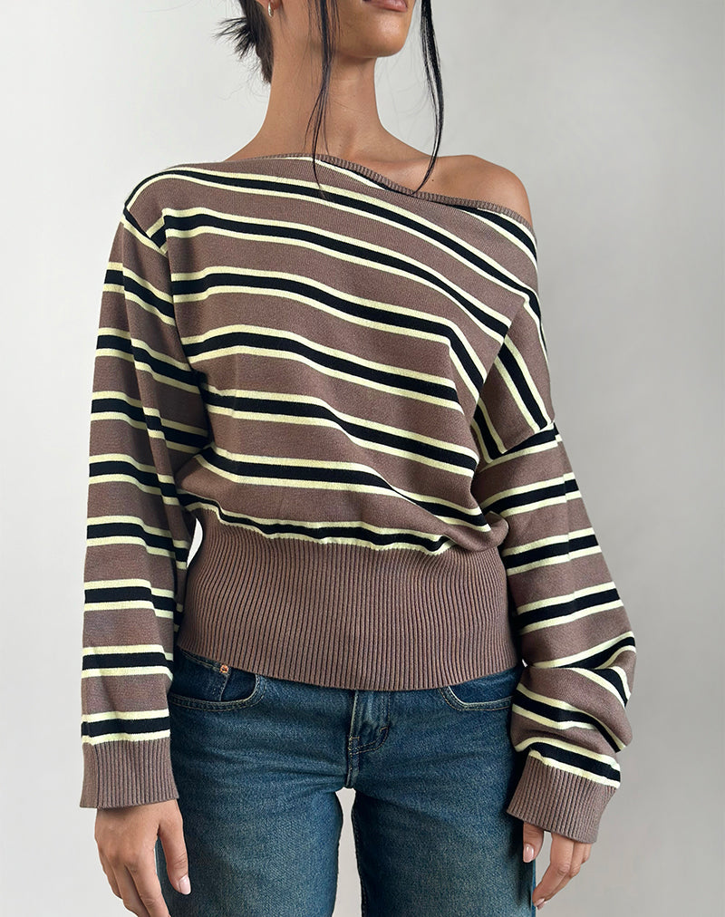 Image of Jalira Asymmetrischer Cinch-Pullover mit Streifen in Braun und Gelb