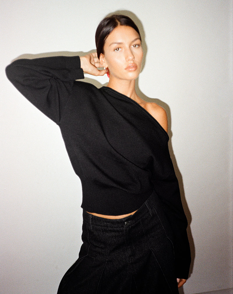Image of Jalira Asymmetrischer Cinch-Pullover, gestreift Schwarz