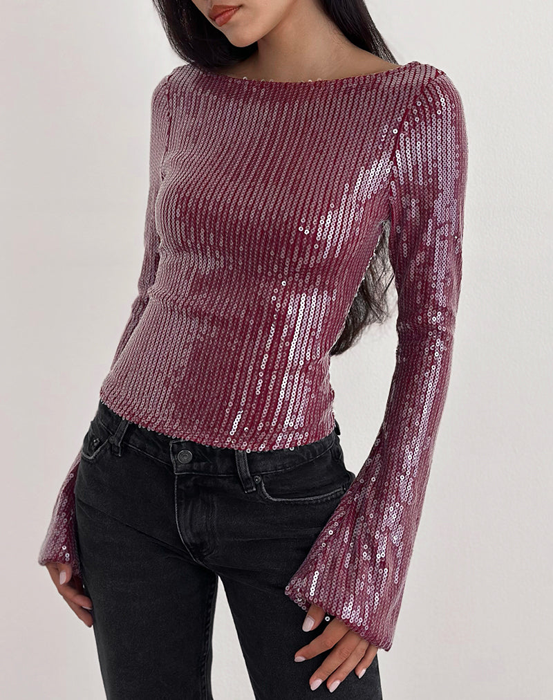 Jalwa Long Sleeve Top in Sequin Maroon