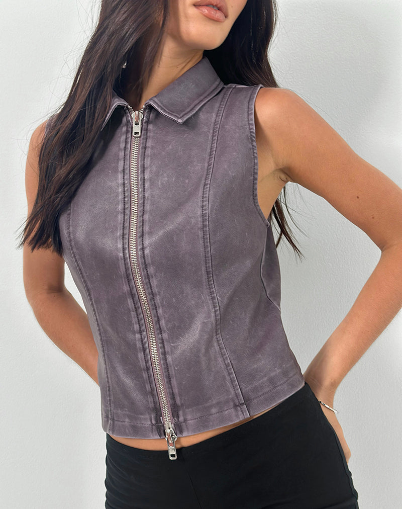 Janae Vest Top in Distressed PU gewaschene Pflaume