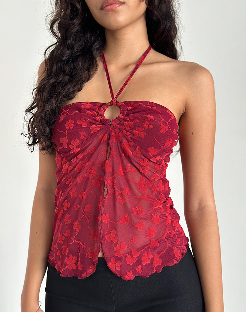 Bild von Janar Neckholder-Top in Grunge Blumenflock Rot