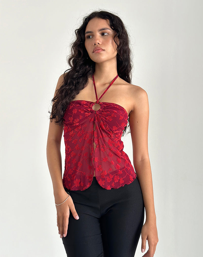 Bild von Janar Neckholder-Top in Grunge Blumenflock Rot