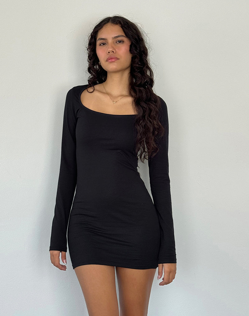 Image of Janjisu Langärmeliges Lycra Bodycon Minikleid in Schwarz