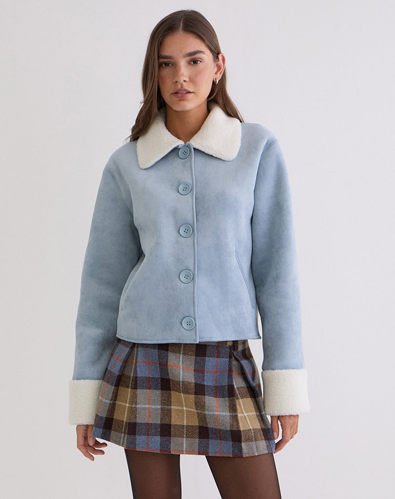 Image of Jano Jacket in Faux Suede Blue with Borg