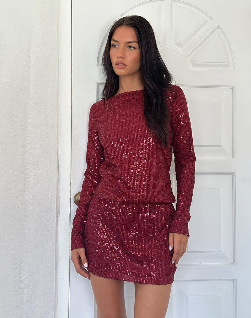 Image of Jasilia Langärmeliges Minikleid aus hauchdünnem Paillettenstoff Rot
