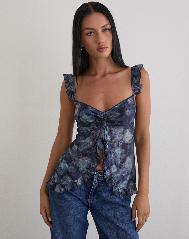 Jibola Top aus Mesh Arty Flowers Dunkelblau