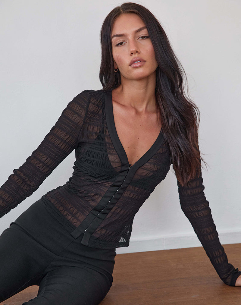 Image of Jichan Gerafftes Langarm-Top aus Mesh Schwarz