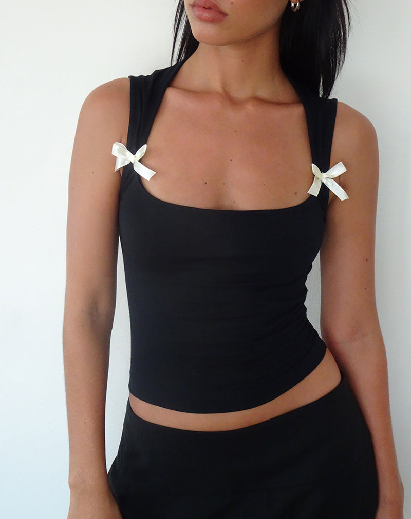 Image of Jiniso Crop Top in Schwarz mit elfenbeinfarbenen Schleifen