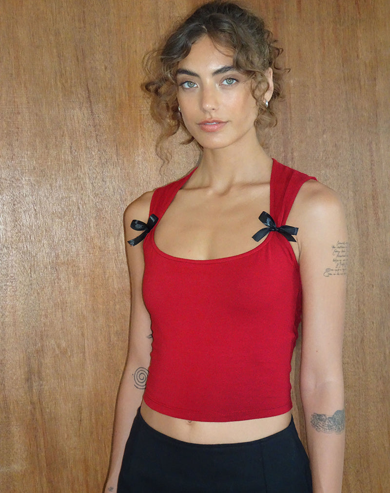 Image of Jiniso Crop Top in Adrenalinrot mit schwarzen Schleifen