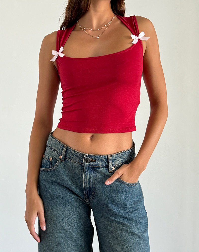 Jiniso Crop Top in Adrenalinrot mit rosa Schleifen