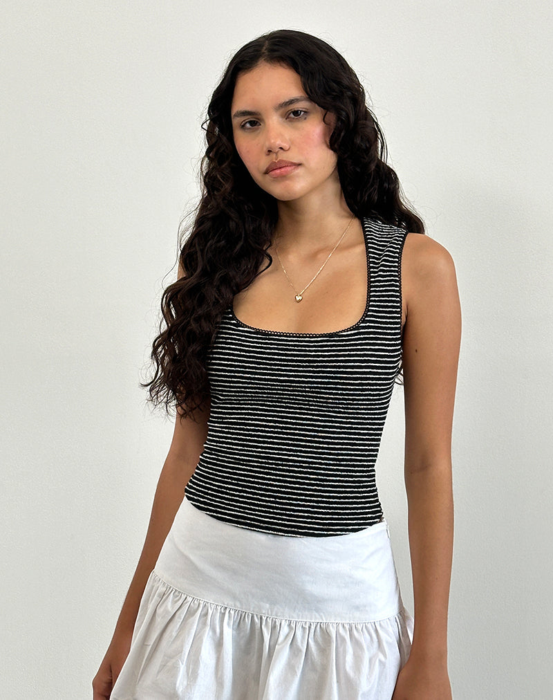 Image of Jinsu Top in Schwarz-Weiß gestreift mit Picot-Besatz