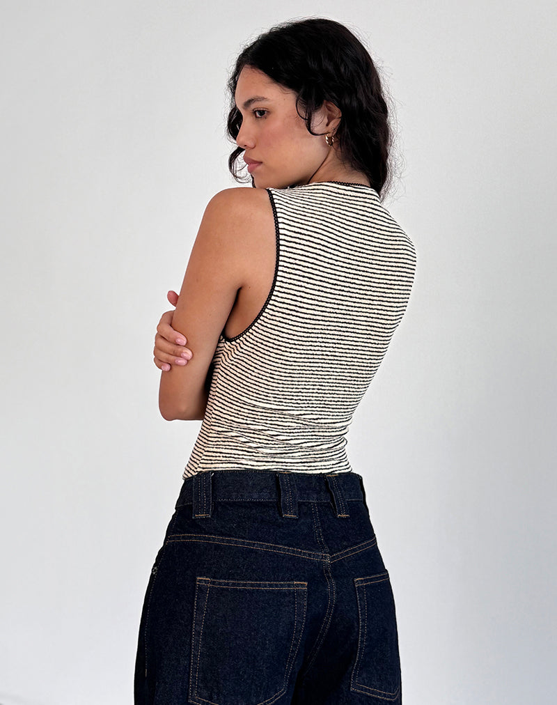 Image of Jinsu Top in Schwarz und Gelb gestreift mit Picot-Besatz