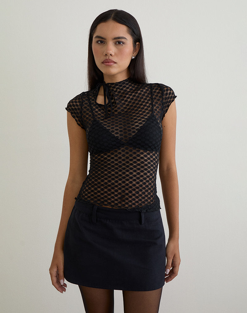 Image of Jiwon Schlüsselloch-Top aus Polka-Spitze Schwarz