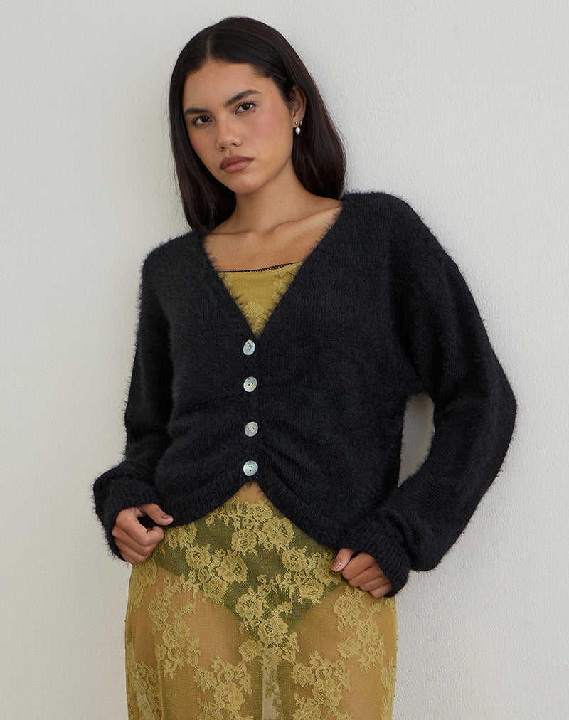 Jiyo Geraffte Strickjacke aus Strick Schwarz